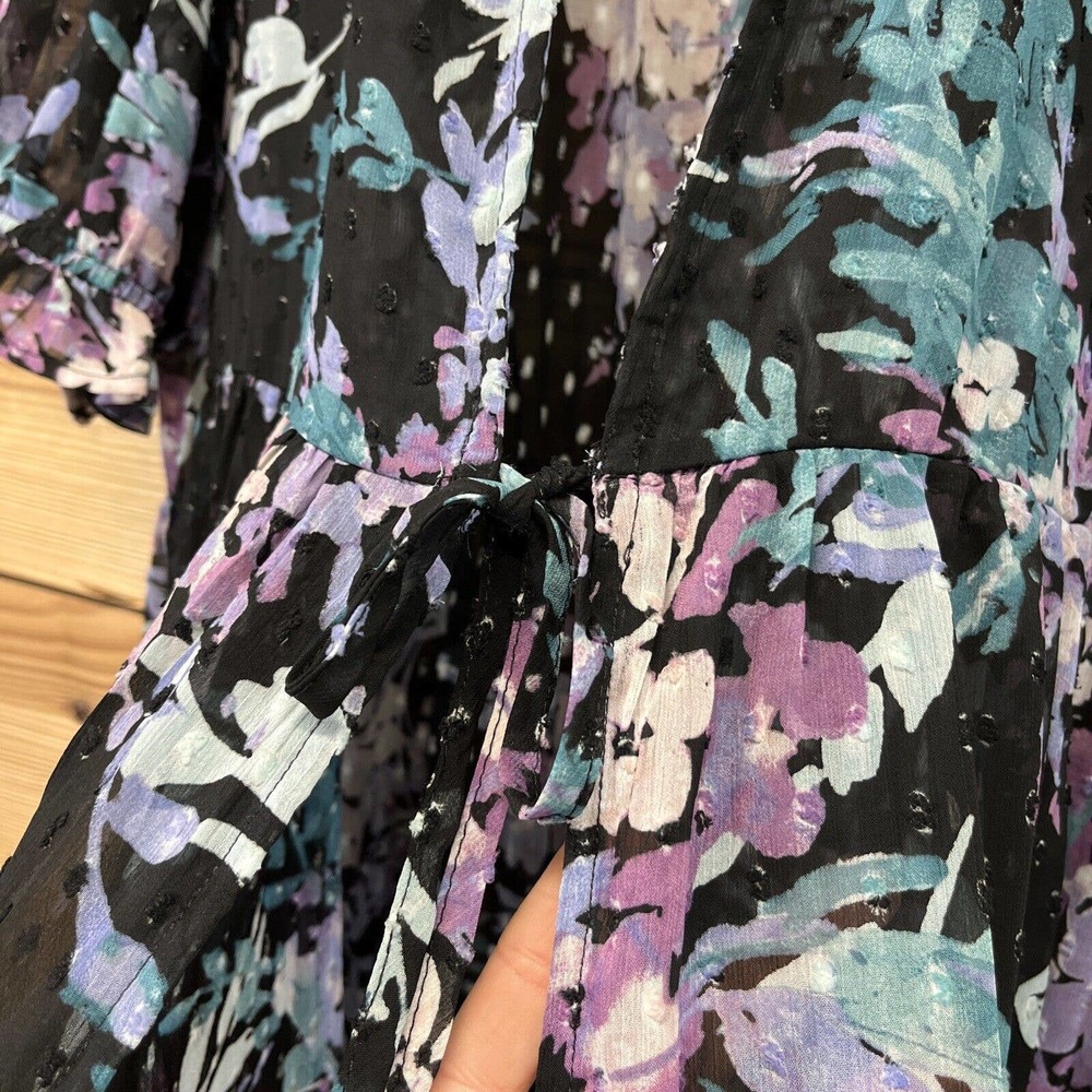 Torrid 1 Ruffle Kimono Shirt Floral Swiss Dot Black Purple SS Sheer boho B84 - Picture 7 of 16